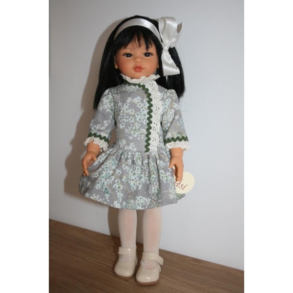 Kaori doll beige velvet dress with green flowers - Asi