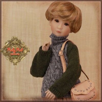 Pull kaki et gris à col roulé pour poupée Rubyred 30 Cm