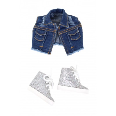 Set duo veste denim et baskets argentées poupée Siblies