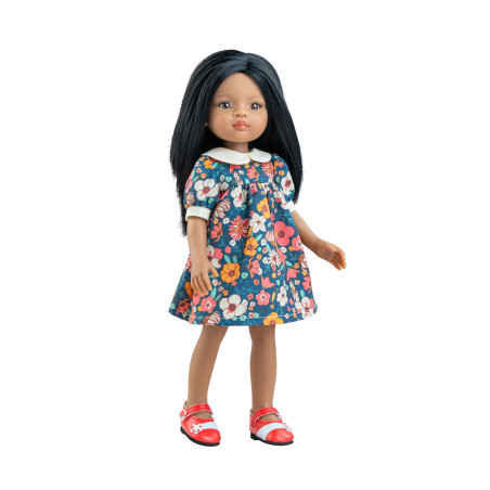 Poupée Meily Las Amigas Paola Reina - vinyle mat, et cheveux foncés - Robe fleurie