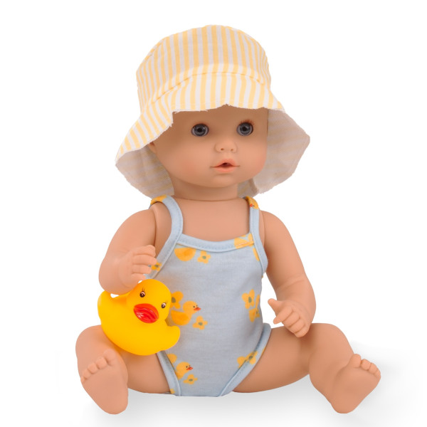 Poupon de bain Götz Sleepy Aquini Girl Bathing Duck 33 cm avec maillot canard, chapeau rayé et canard de bain jaune