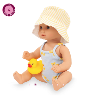 Poupon de bain Götz Sleepy Aquini Girl Bathing Duck 33 cm avec maillot canard, chapeau rayé et canard de bain jaune