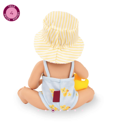 Poupon de bain Götz Sleepy Aquini Girl Bathing Duck 33 cm avec maillot canard, chapeau rayé et canard de bain jaune, vue de dos