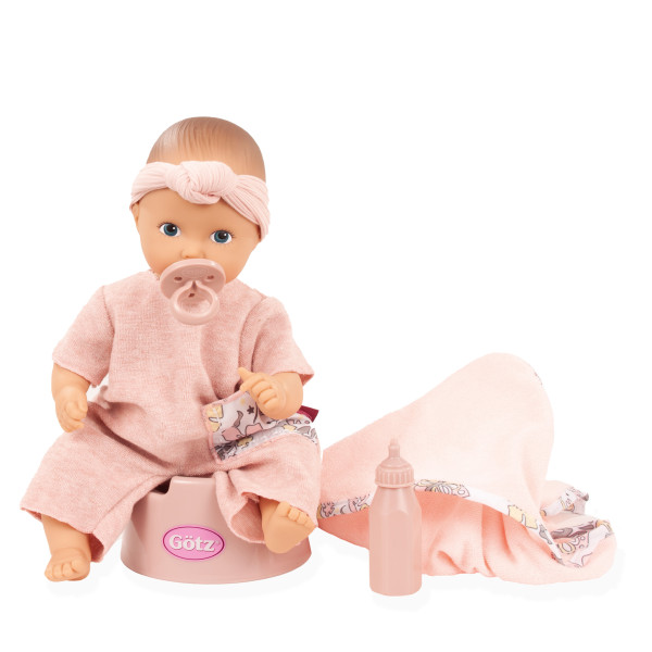 Poupon de bain Götz Aquini Butterfly Girl 33 cm avec tenue rose, bandeau, serviette papillon, biberon et pot.