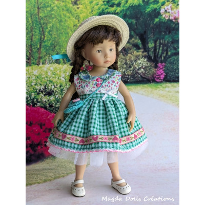 Tenue pour poupée Boneka, robe vichy, chapeau paille et petit sac