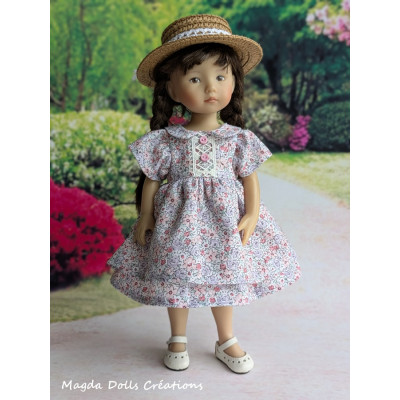 Tenue pour poupée Boneka, Robe fleurie et chapeau de paille