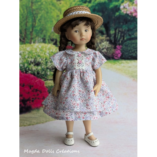 Tenue pour poupée Boneka, Robe fleurie et chapeau de paille
