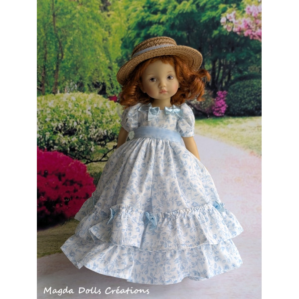 Tenue pour poupée Boneka, longue robe fleurie romantique, chapeau de paille