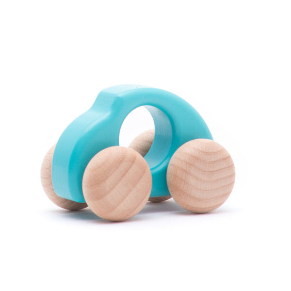 Voiture Coccinelle bleu clair en bois BAJO avec roues en bois, jouet d'éveil pour enfant dès 1 an.