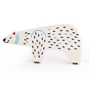 Figurine ours polaire en bois BAJO blanc décorée de motifs noirs et bleus, issue de la collection Espèces Menacées.
