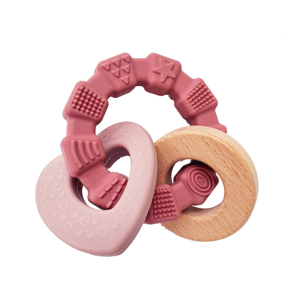 Pink heart-shaped silicone and wood teething toy - Summerville Organic