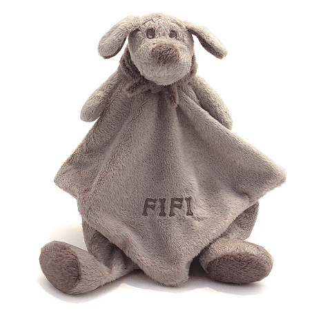 Doudou Chien Fifi Dimpel beige gris en peluche ultra douce pour bébé dès la naissance.