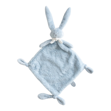 Doudou Lapin Ella Dimpel bleu ciel avec attache-tétine intégré, en peluche ultra douce pour bébé dès la naissance.