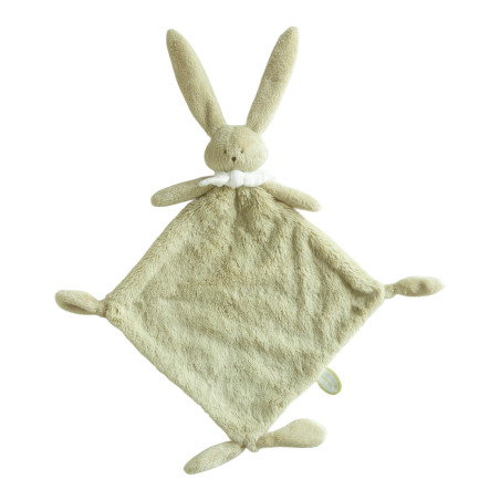 Doudou Lapin Ella Dimpel vert pistache avec attache-tétine intégré, en peluche ultra douce pour bébé dès la naissance.
