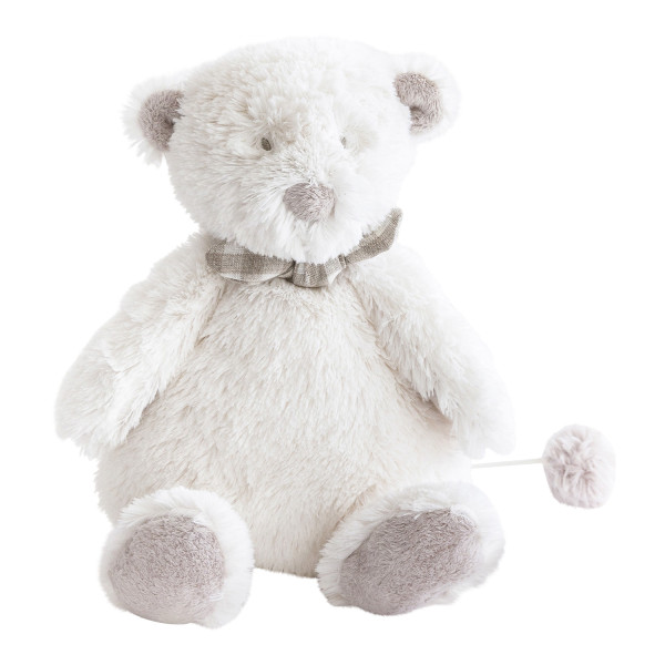Peluche musicale Ours Noann blanc Dimpel avec boîte à musique intégrée et queue à tirer.
