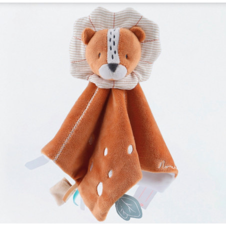 Doudou plat Lion Babou Noukie's en Veloudoux® avec attache-tétine, étiquettes sensorielles et fonction marionnette.