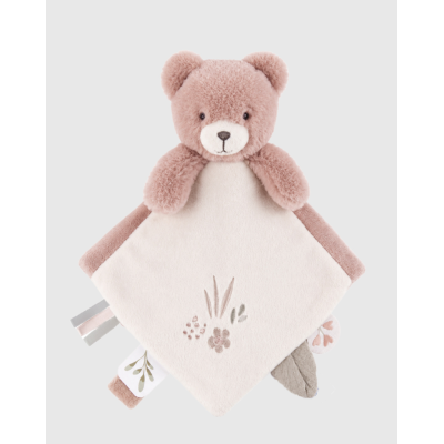 Doudou ours Lily Noukie's en Veloudoux® rose poudré avec attache-sucette, étiquettes sensorielles et fonction marionnette.