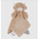 Doudou vache Fluffy Noukie's en Veloudoux® beige avec attache-sucette, étiquettes sensorielles et fonction marionnette.