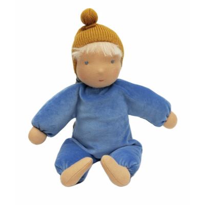 Grande poupée Waldorf Käthe Kruse Nana Wolke en coton biologique bleu avec bonnet moutarde