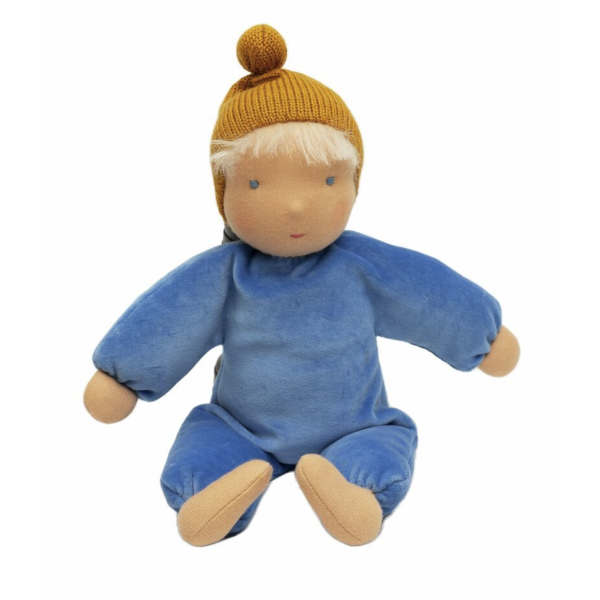 Grande poupée Waldorf Käthe Kruse Nana Wolke en coton biologique bleu avec bonnet moutarde