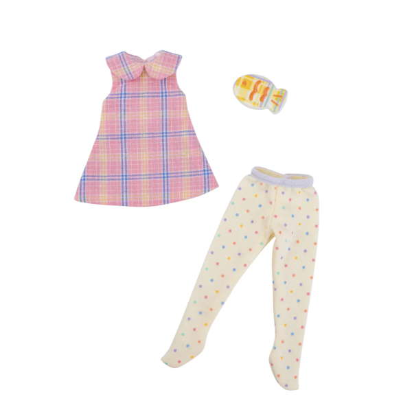 Tenue Goldfish Day Dreamer pour poupée Mori Lolli, robe à carreaux et collants à petits pois