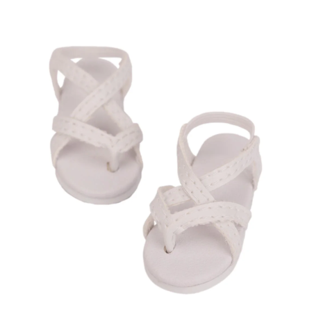 Tongs blanches à bride arrière pour poupée Ruby Red Siblies 30 cm avec brides croisées.