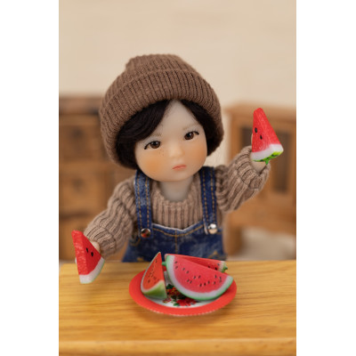 Denim & Sweater Outfit for 14cm Doll, Ruby Red