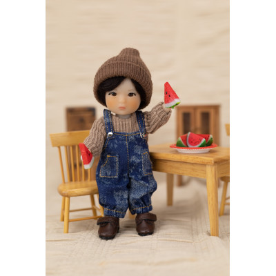Denim & Sweater Outfit for 14cm Doll, Ruby Red