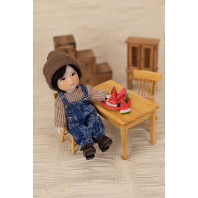 Denim & Sweater Outfit for 14cm Doll, Ruby Red