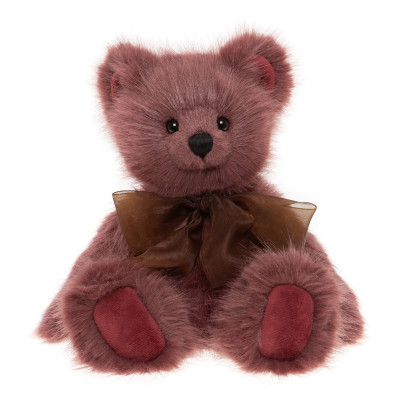 Peluche ours Charlie Bears Maple en fourrure brun rosé avec nœud en organza brun, entièrement articulé.