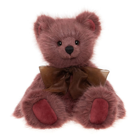 Peluche ours Charlie Bears Maple en fourrure brun rosé avec nœud en organza brun, entièrement articulé.