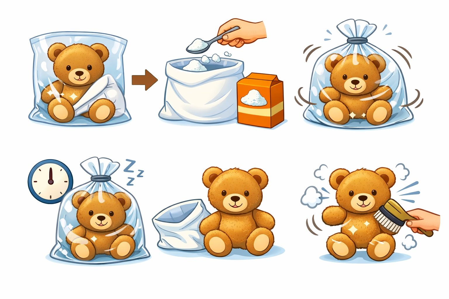 Poupée en peluche dorée dans un sac transparent, illustration de triage des peluches et nettoyage, pansement d’un ourson avec poudre et brique de bicarbonate, puis ourson secoué dans un sac, horloge et peluche prête à embaumer, brossage pour redresser l’apparence. Poupée en peluche dorée dans un sac transparent, illustration de triage des peluches et nettoyage, pansement d’un ourson avec poudre et brique de bicarbonate, puis ourson secoué dans un sac, horloge et peluche prête à embaumer, brossage pour redresser l’apparence.