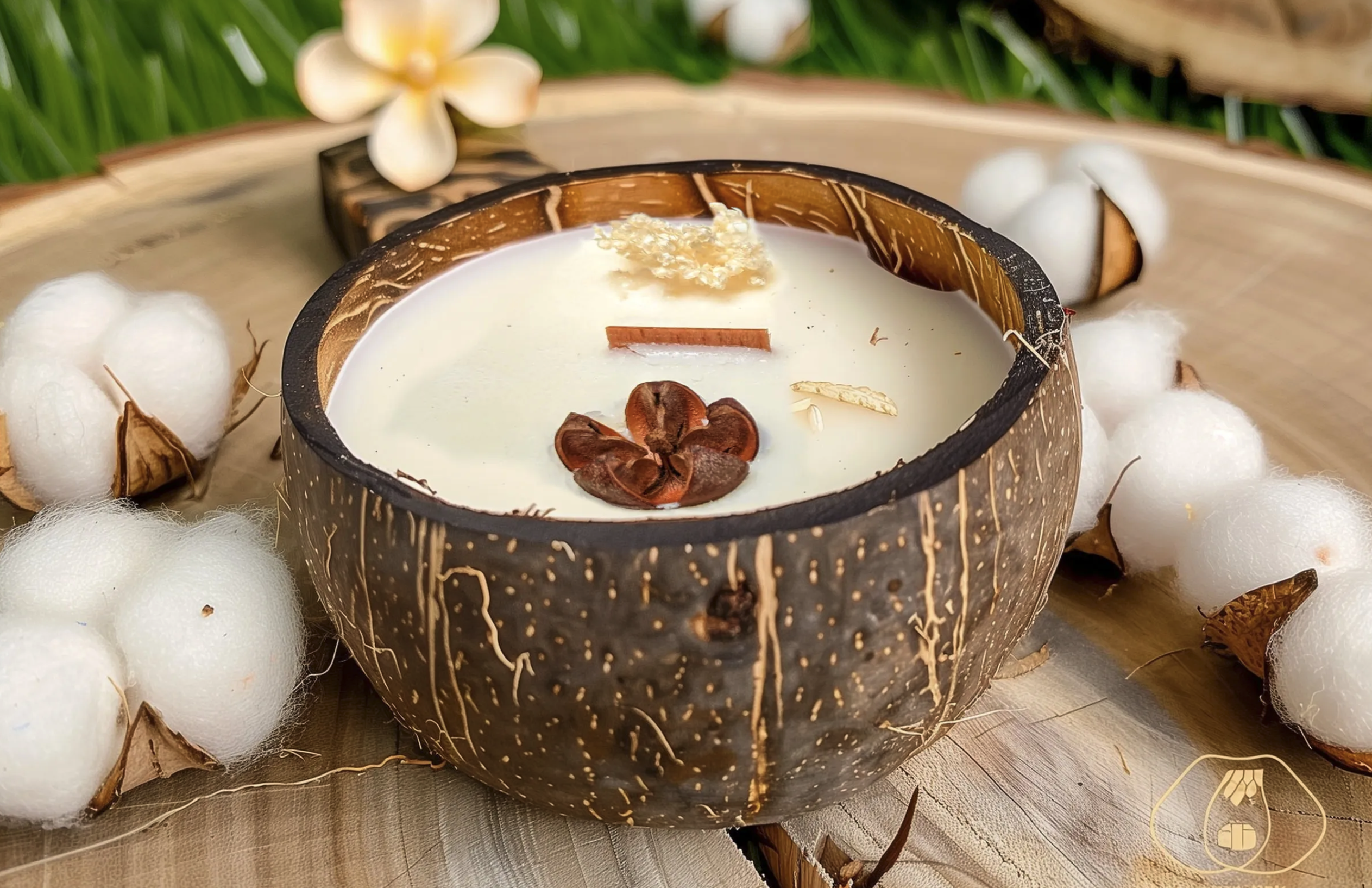 Coconut shell candle on a wooden surface, creamy white wax with dried botanicals, surrounded by cotton and natural decor. Coconut shell candle on a wooden surface, creamy white wax with dried botanicals, surrounded by cotton and natural decor.