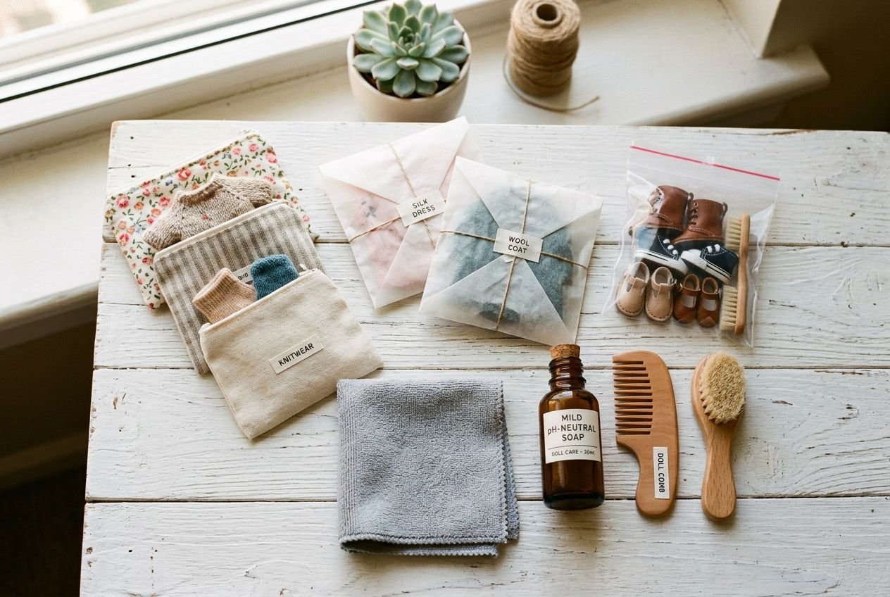 Assorted doll-care items on a white wooden table, including fabric outfits, envelopes with labels, a bottle of mild soap, and grooming brushes, ready for how to store dolls.
