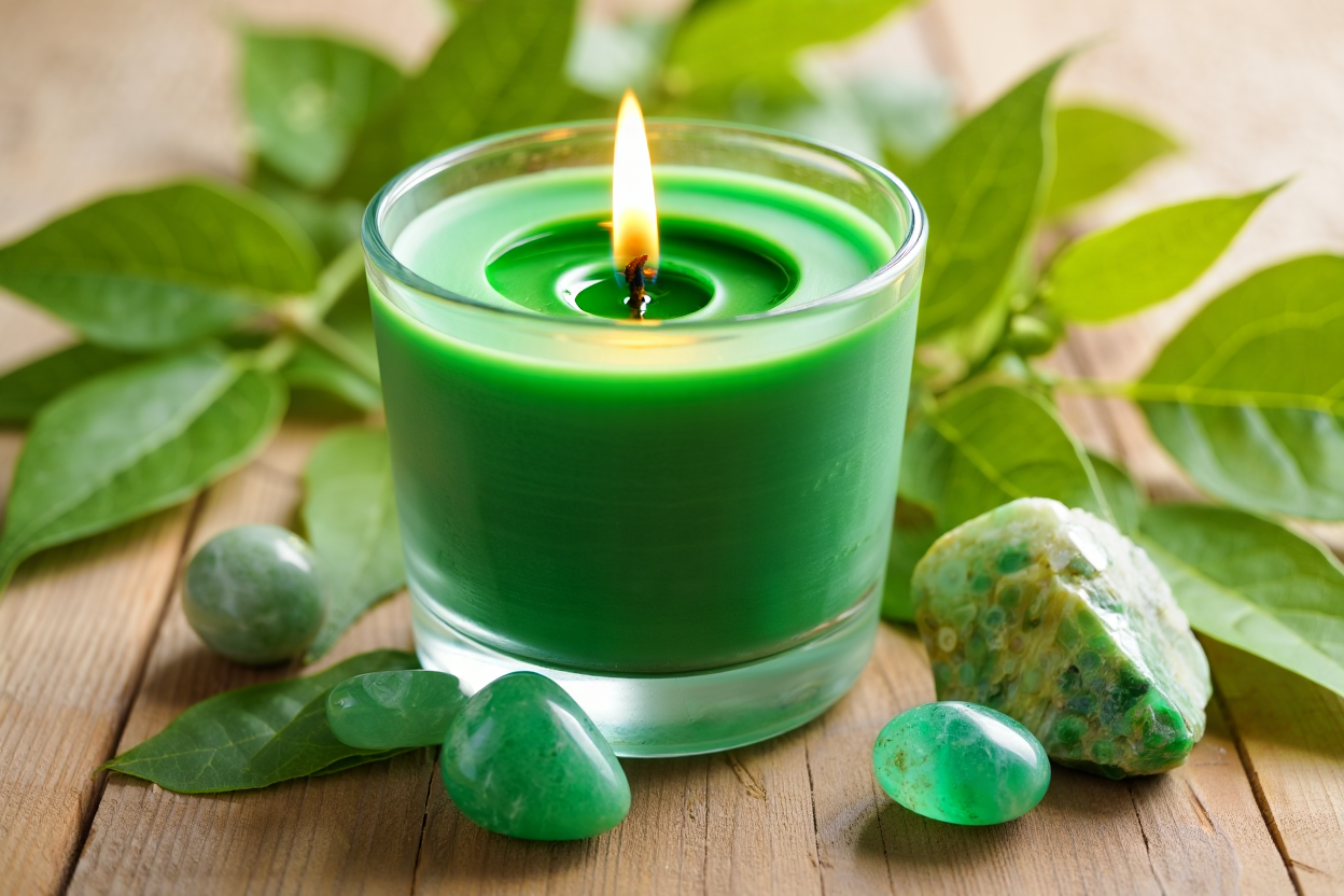 Bougie verte en cire végétale avec cristaux