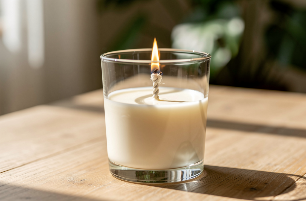 Bougie naturelle artisanale en verre avec flamme dorée