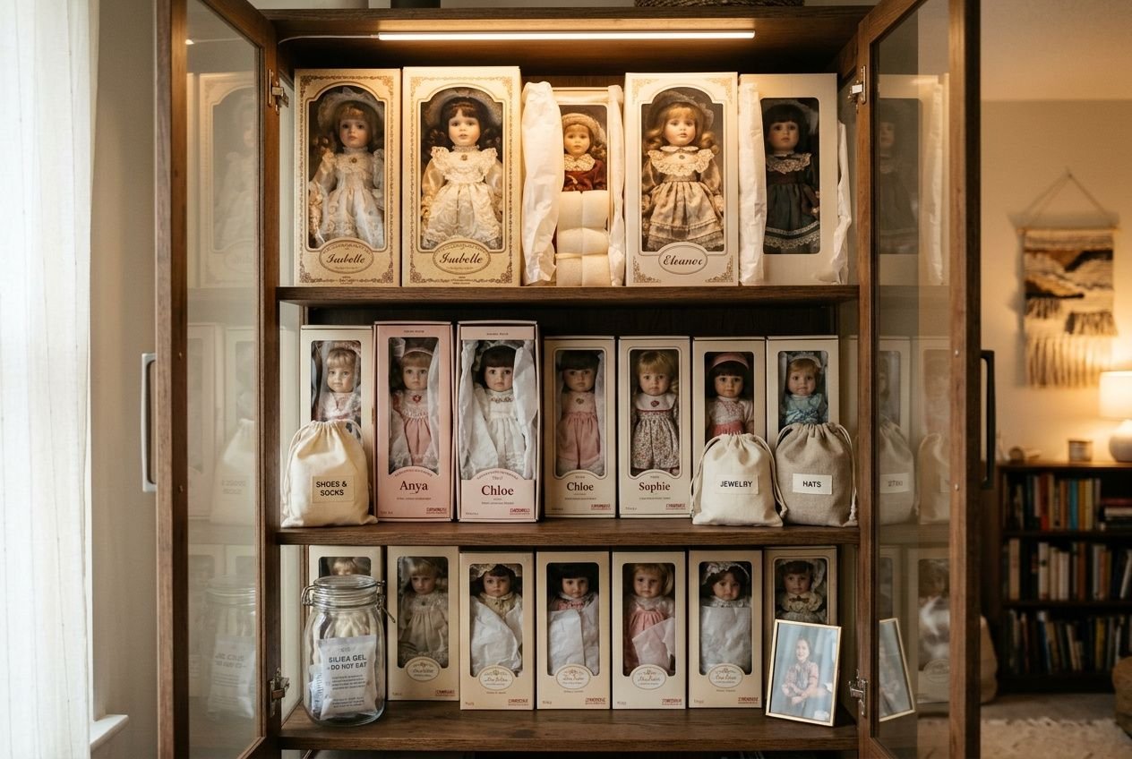 A curated display cabinet filled with collectible dolls in vintage outfits, neatly boxed on three shelves; a framed photo stands on the bottom right. Includes a jar and small labels. How to store dolls is addressed by the page context.