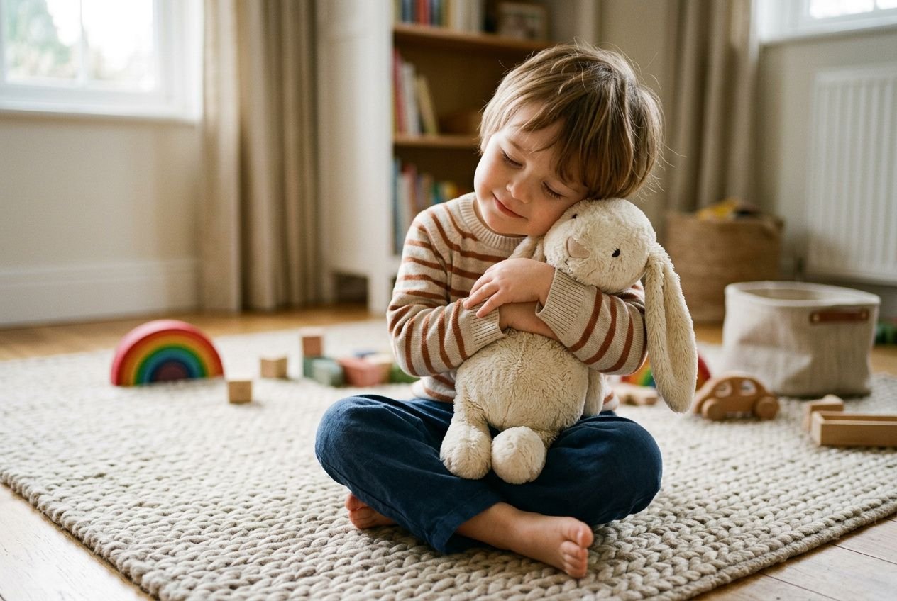 Enfant assis sur un tapis, serre affectueusement une peluche doudou, ambiance chaleureuse et rassurante.