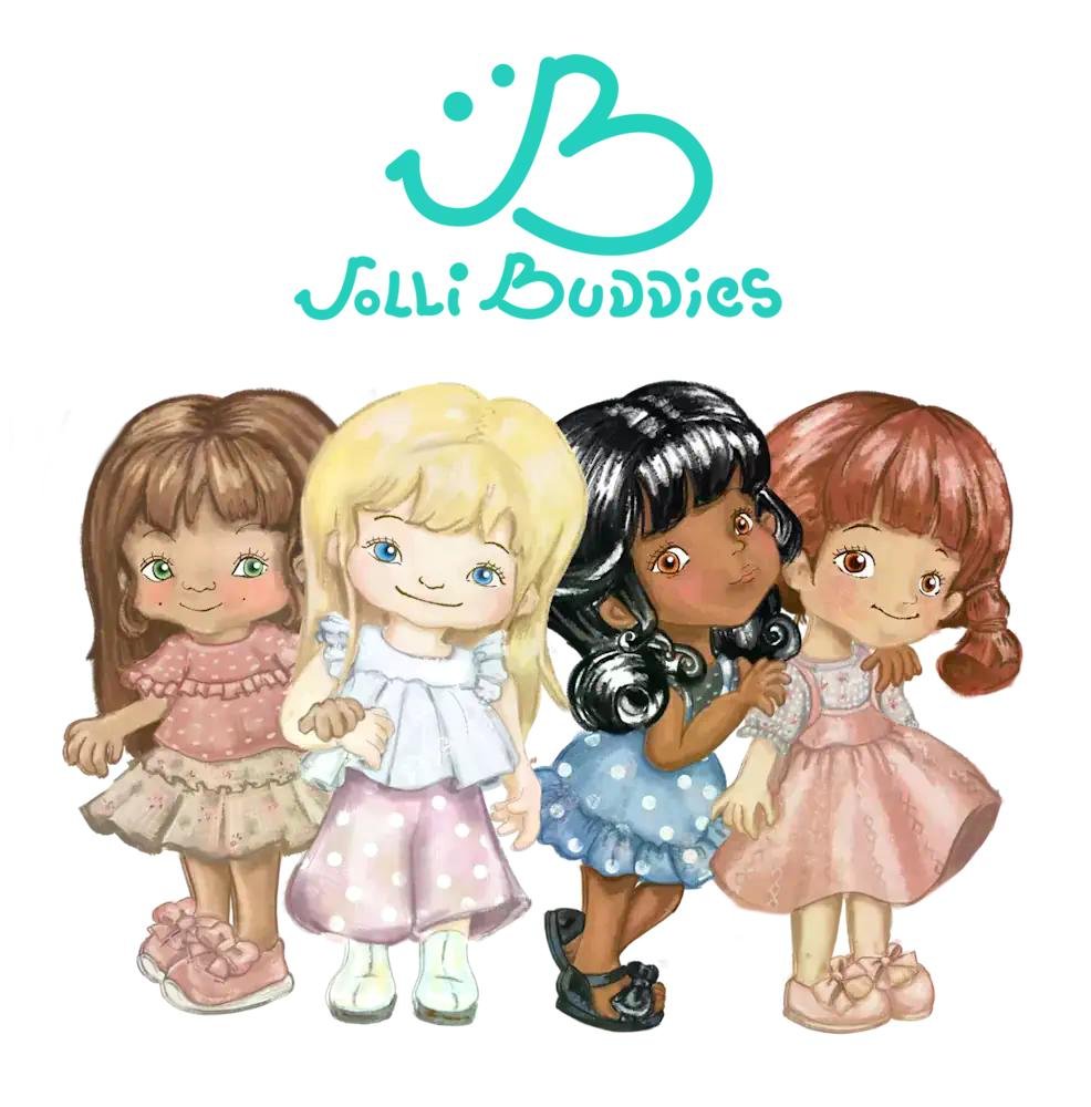 Groupe de quatre poupées de collection féminines en robes pastel, marchant ensemble sous le logo turquoise de Jolli Bondics. Groupe de quatre poupées de collection féminines en robes pastel, marchant ensemble sous le logo turquoise de Jolli Bondics.
