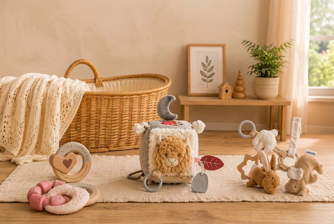 Mobilier et jouets douceur pour bébé: peluche lion, anneaux et hochets, doudous et veilleuse éveilleurs émotionnels pour petite enfance jouets.