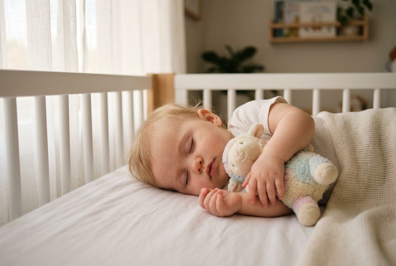 Petite fille endormie dans un lit à barreaux, serrant une peluche douillette pour le développement émotionnel et le bien-être. psychologue doudou peluche développement émotionnel bien-être