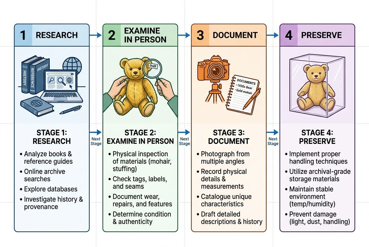 Step-by-step vintage teddy bear value guide process: research, examine in person, document, and preserve bears for value assessment.