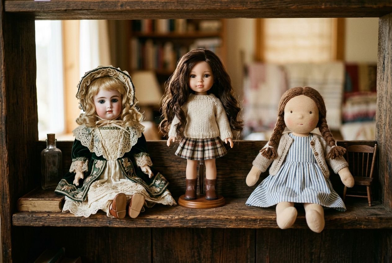 Three vintage dolls on a wooden shelf: a porcelain-dressed child on the left, a cloth doll with dark hair in the centre, and a light-blue dress doll on the right. How to care for collectible dolls is illustrated.