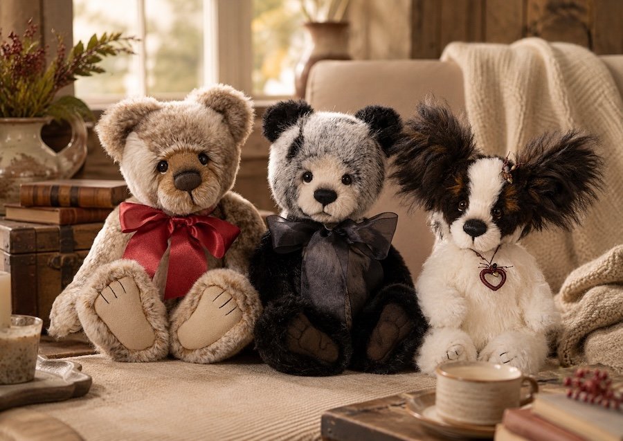 Trois adorables peluches et poupées de collection assises sur une nappe beige dans un salon cozy, avec nœuds rouges et noirs et collier cœur. Trois adorables peluches et poupées de collection assises sur une nappe beige dans un salon cozy, avec nœuds rouges et noirs et collier cœur.
