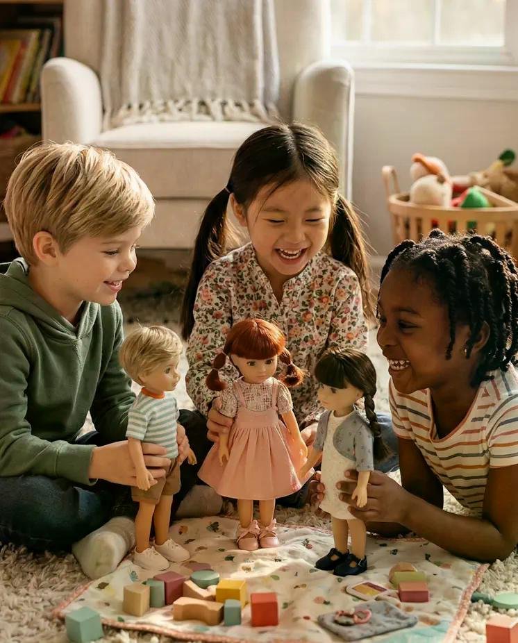 Trois enfants jouent avec des poupées de collection à la maison, manipulant une grande poupée en robe rose, entourés de petits blocs colorés sur un tapis.