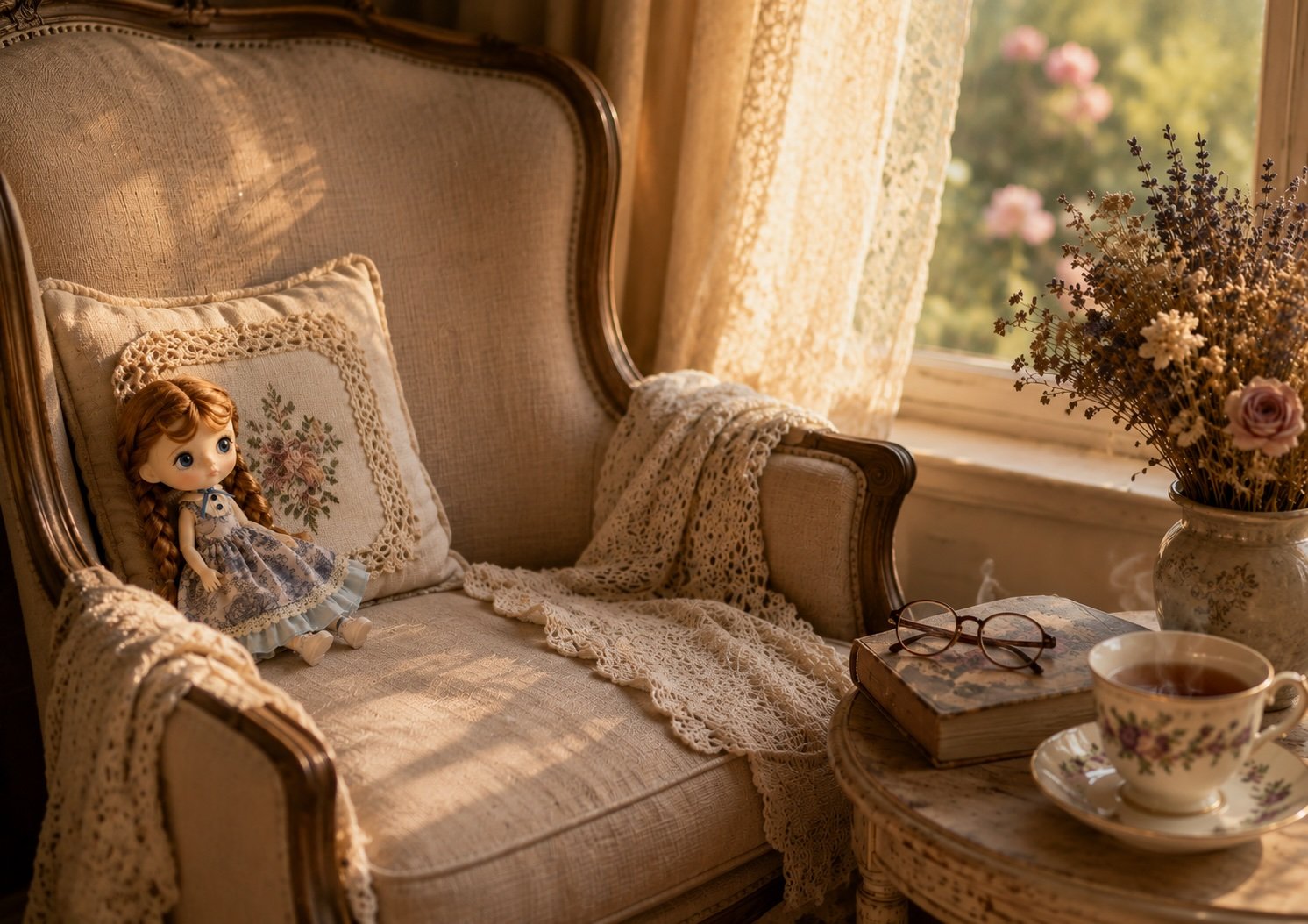 A vintage-style living room corner with a plush armchair draped in lace, a small rag doll in a blue dress on the seat, and a side table holding books, glasses, a teacup, and a vase of dried flowers by a sunlit window.