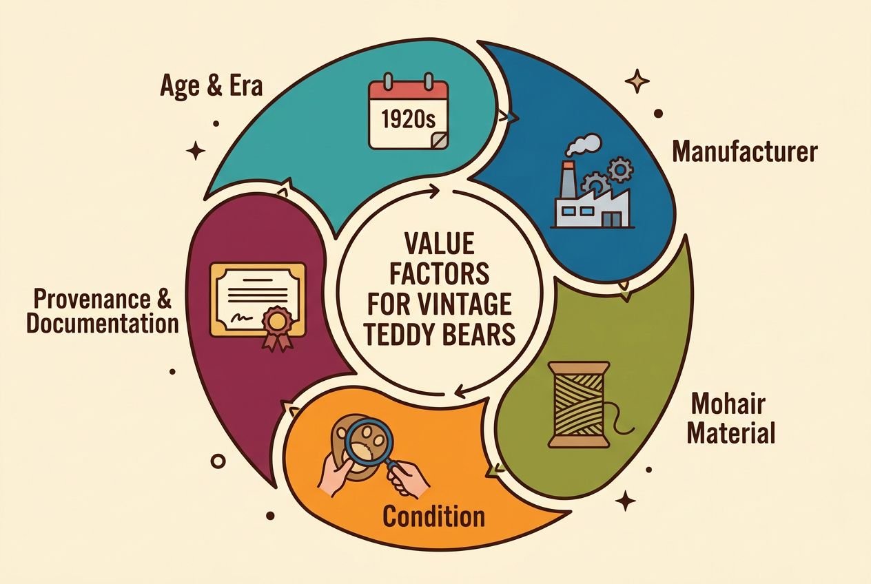 Vintage teddy bear value guide infographic showing factors: age & era, manufacturer, mohair material, condition, provenance & documentation.