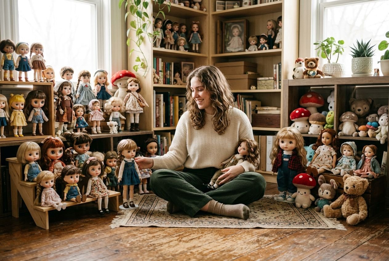 Woman sits cross-legged on a rug, surrounded by shelves of dolls and plush toys, holding a doll lovingly. Natural light from windows. Why is Gen Z collecting dolls is explored.