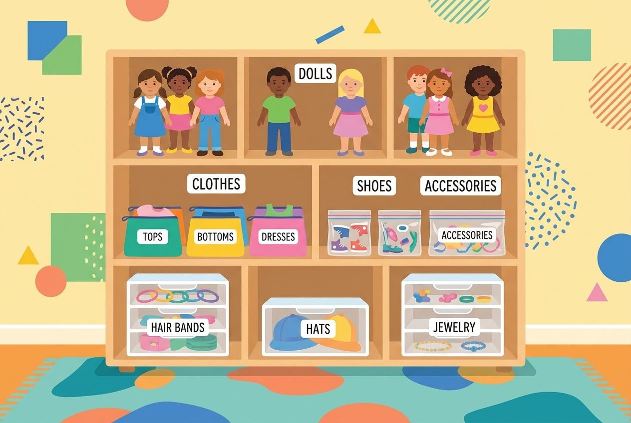 Wooden doll shelf organised by category: dolls on top, labeled sections; clothes with tops, bottoms, dresses; shoes and accessories; hair bands, hats, and jewelry containers. Includes tag “DOLLS” and a colourful room backdrop. How to store dolls context included.